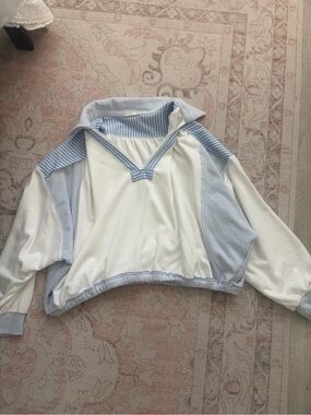 Striped Collar Cropped Pullover Sweater - Light Blue & White